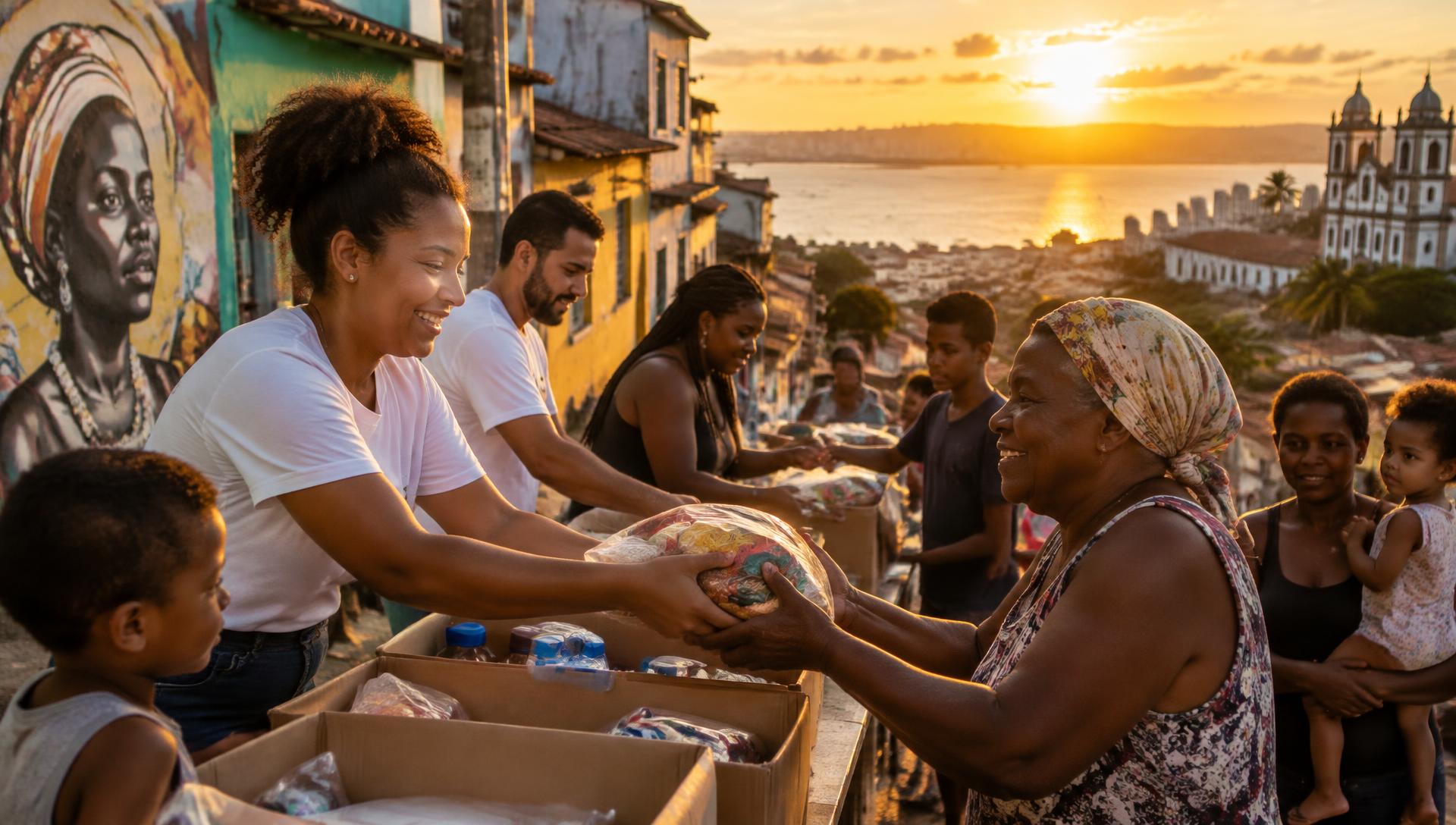 Voluntários distribuem doações em uma comunidade brasileira